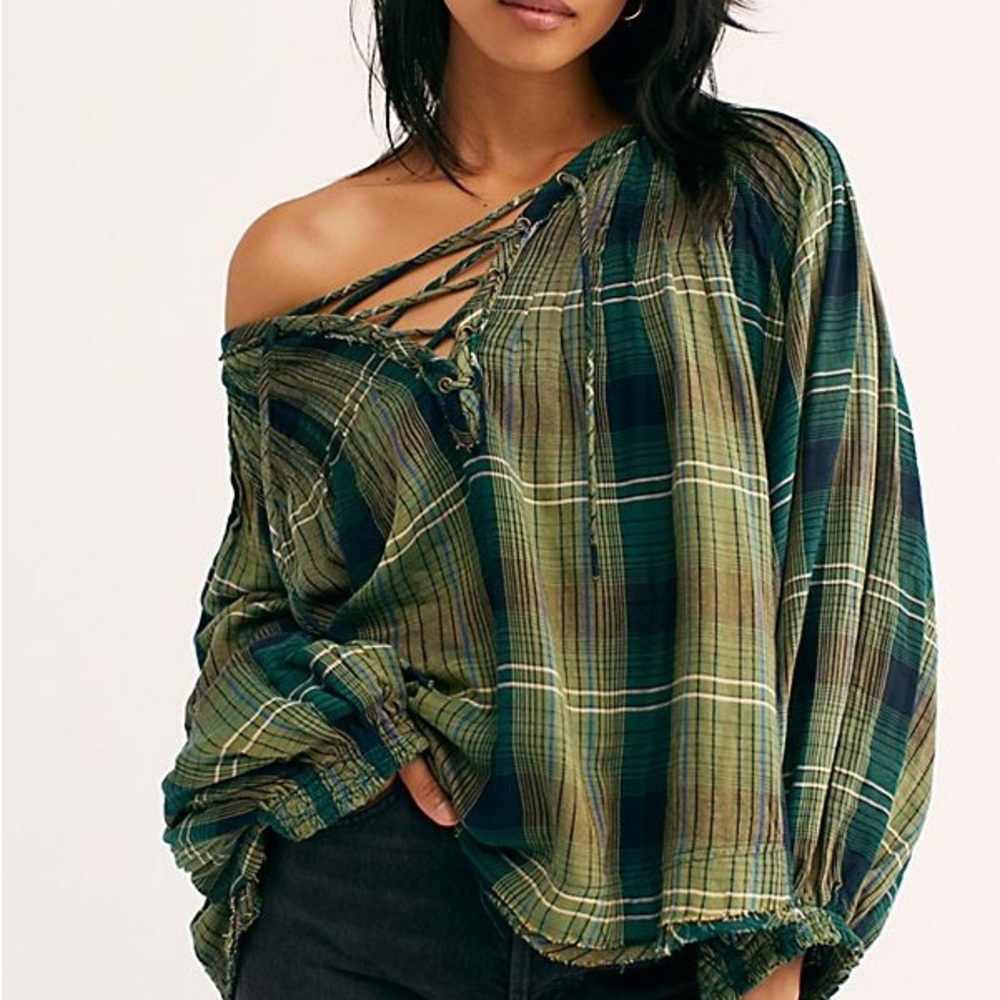 We‎ The Free Green Plaid Lace-Up Blouse